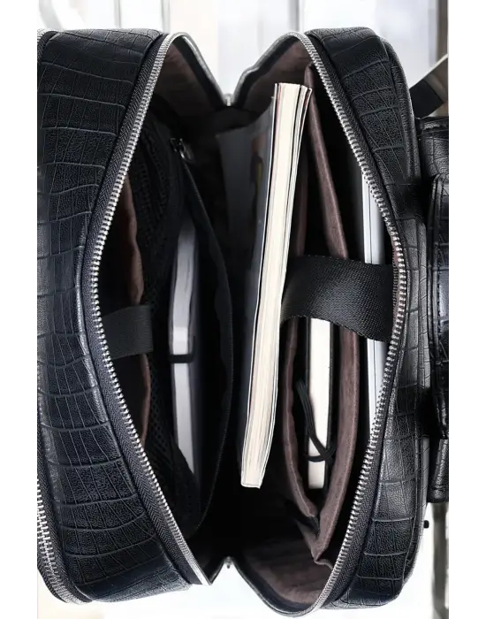 Organizer Premium Deri 16 inç Kroko Siyah Sırt Laptop Çantası