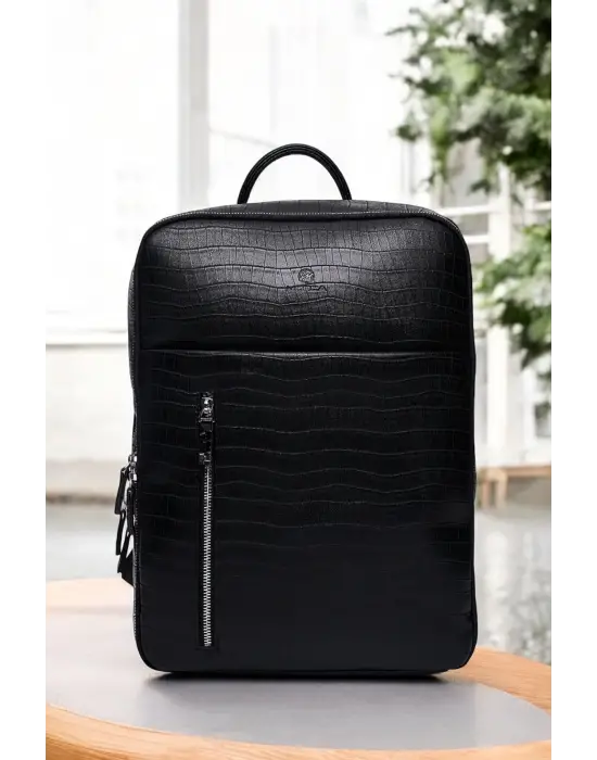 Organizer Premium Deri 16 inç Kroko Siyah Sırt Laptop Çantası