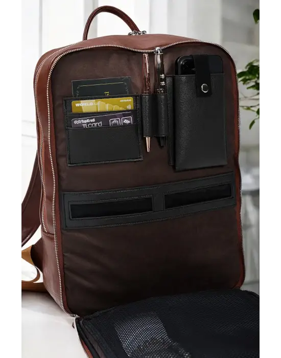 Organizer Premium Deri 16 inç Taba Nova Sırt Laptop Çantası