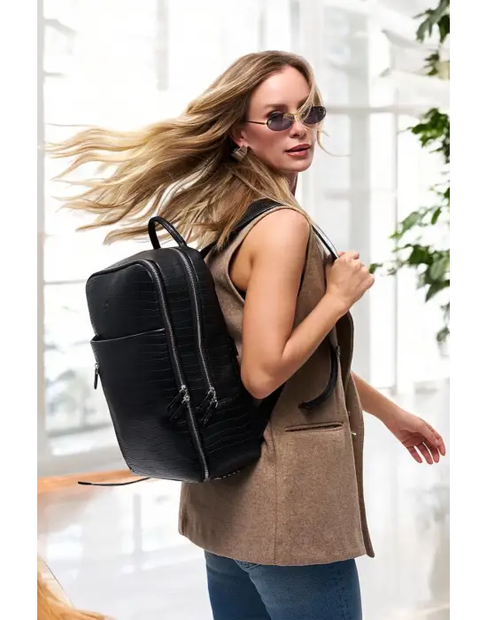 Organizer Premium Deri 16 inç Kroko Siyah Sırt Laptop Çantası