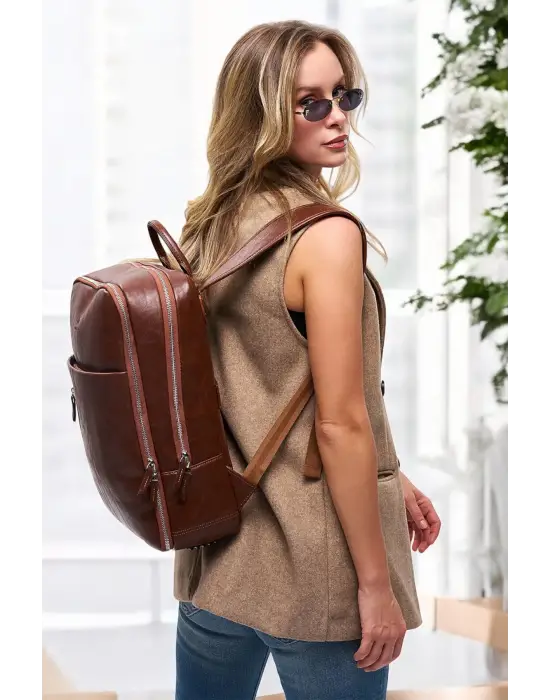 Organizer Premium Deri 16 inç Taba Nova Sırt Laptop Çantası