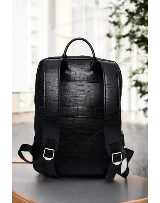 Organizer Premium Deri 16 inç Kroko Siyah Sırt Laptop Çantası