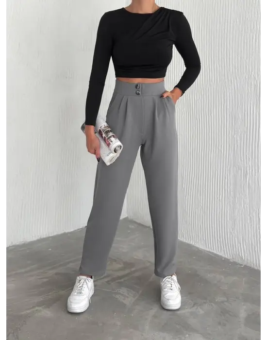 Örme Krep Pantolon Çift Düğmeli