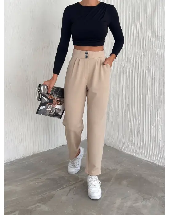 Örme Krep Pantolon Çift Düğmeli