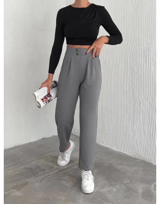 Örme Krep Pantolon Çift Düğmeli