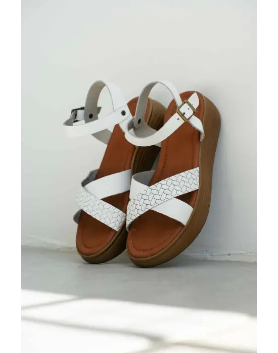 Orwell Beyaz Hakiki Deri Sandalet