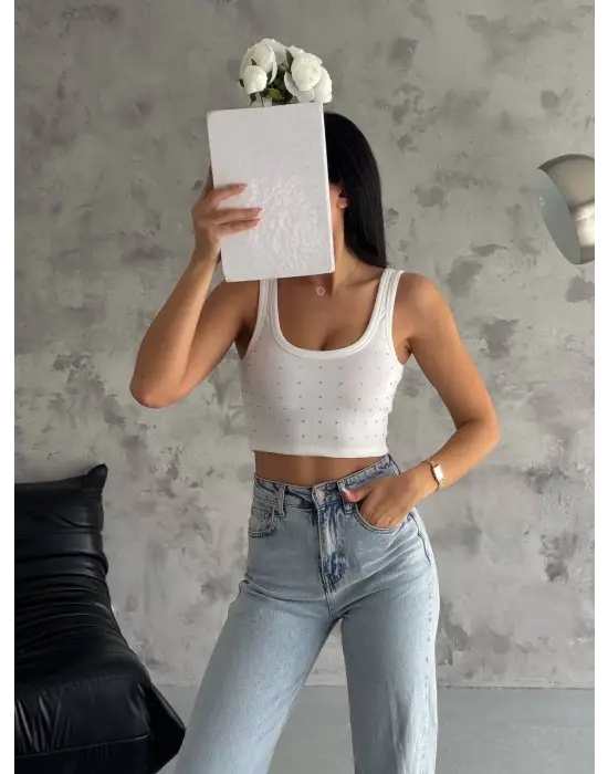 Ottoman Önü Taşlı Atlet Beyaz