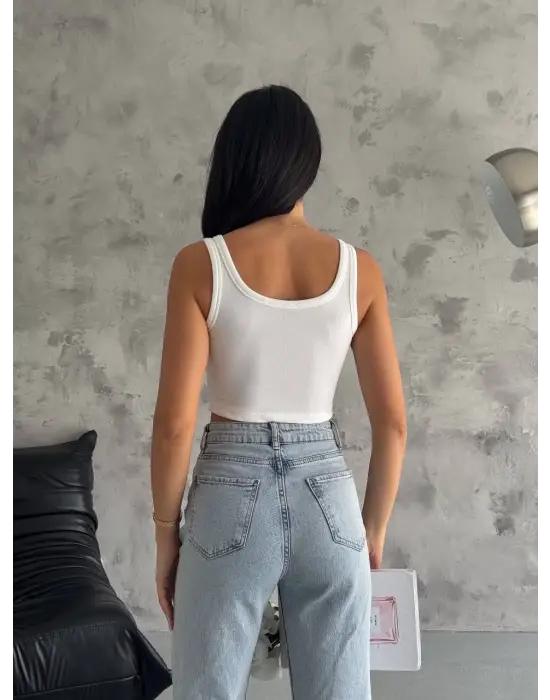 Ottoman Önü Taşlı Atlet Beyaz