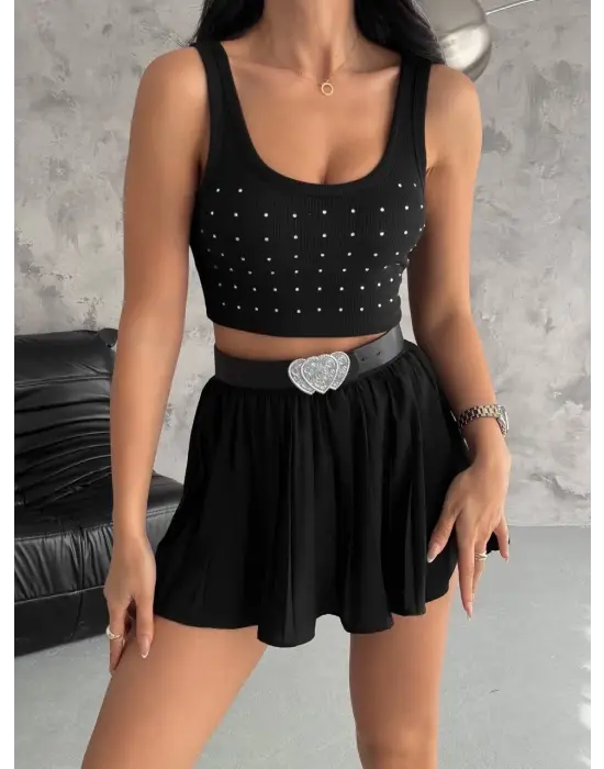 Ottoman Önü Taşlı Atlet Siyah