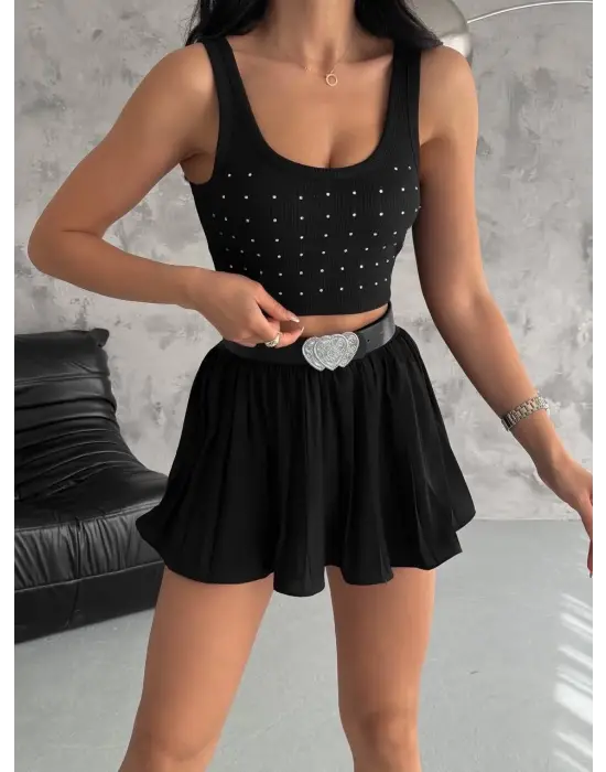 Ottoman Önü Taşlı Atlet Siyah