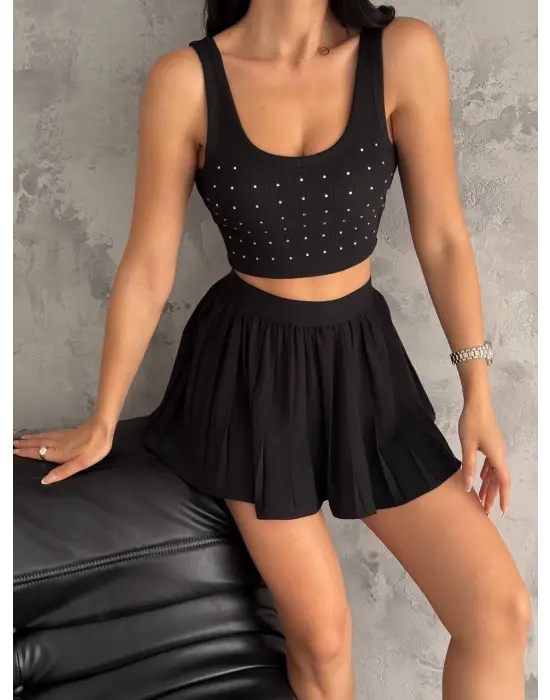 Ottoman Önü Taşlı Atlet Siyah