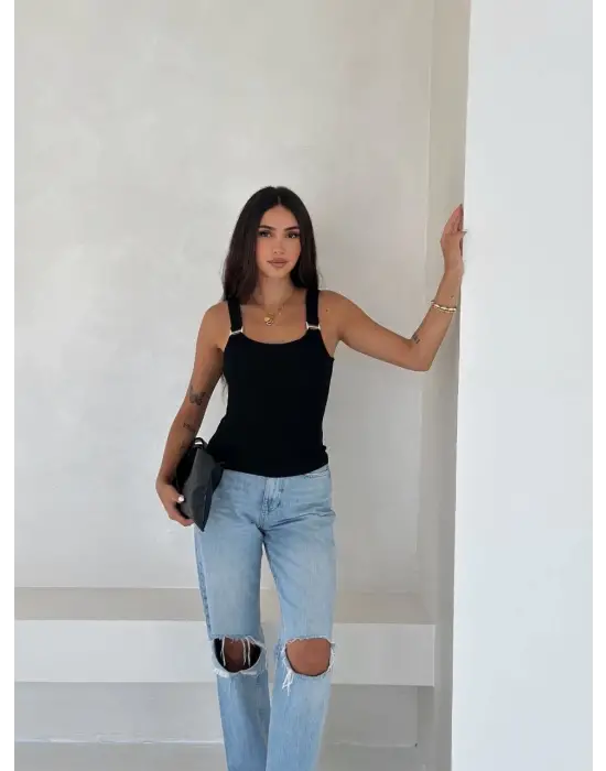 Ottoman Toka Askılı Bluz Siyah S4194