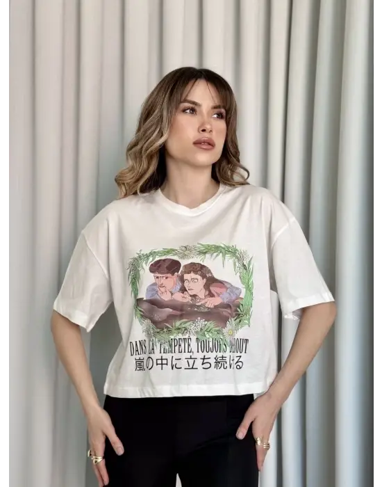 Oversize Beyaz Baskılı Crop Tişört
