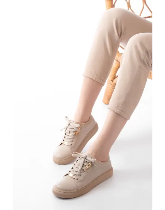 P-910 Bej Bağcıklı Taban Dikişli Günlük Kadın Spor
