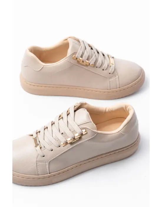 P-910 Bej Bağcıklı Taban Dikişli Günlük Kadın Spor