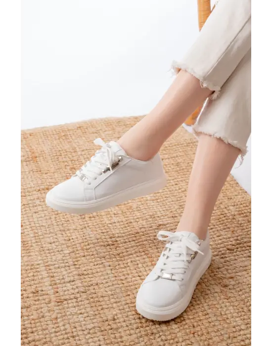 P-910 Beyaz Bağcıklı Taban Dikişli Günlük Kadın Spor