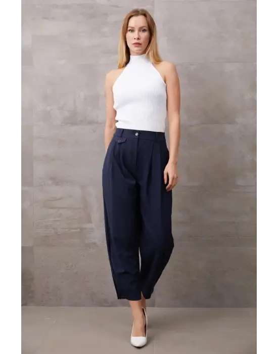 Paçası Düğmeli Yüksek Bel Pantolon