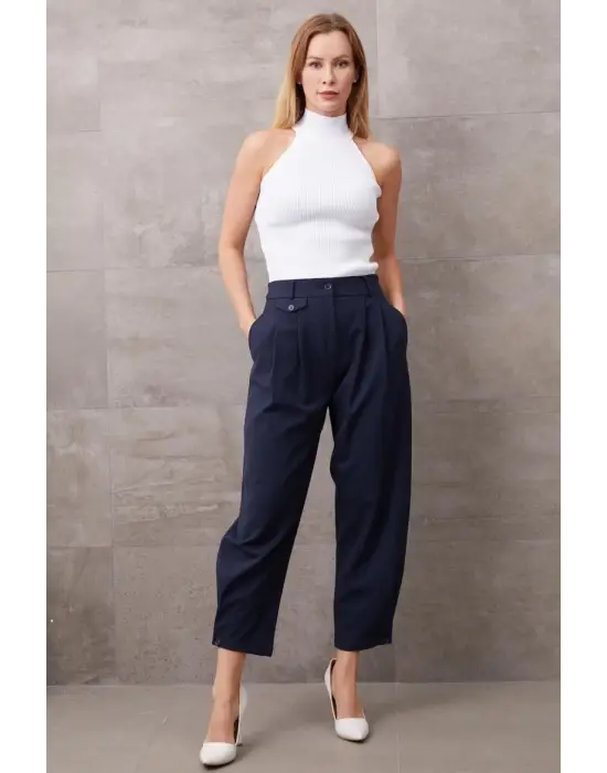 Paçası Düğmeli Yüksek Bel Pantolon