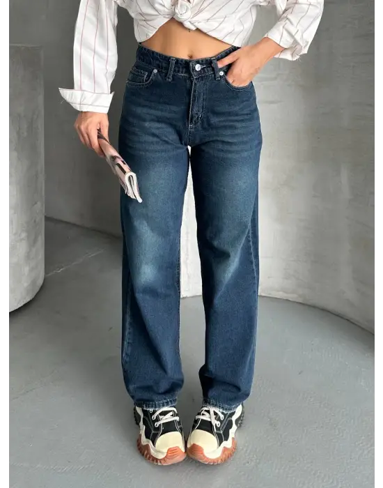 Palazzo Bıyık Enzim Yıkama Jeans Pantolon Koyu Mavi D2008