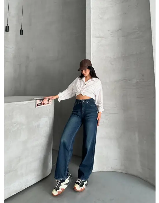 Palazzo Bıyık Enzim Yıkama Jeans Pantolon Koyu Mavi D2008