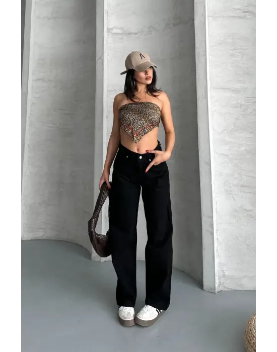 Palazzo Straight Enzim Süper Taş Yıkama Jeans Pantolon Siyah D2008