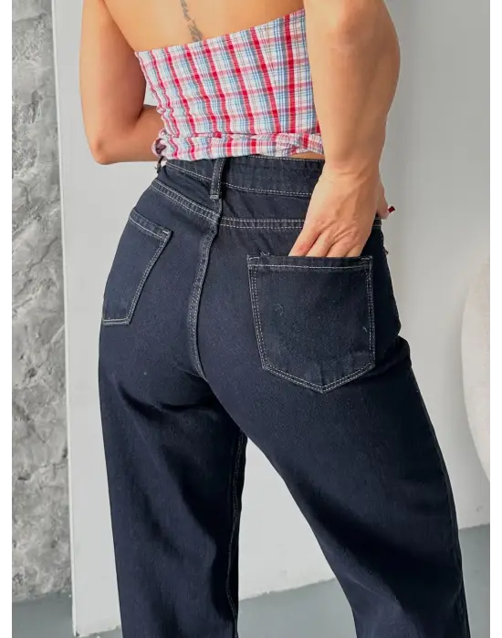 Palazzo Süper Taş Enzim Tint Yıkama Koyu Lacivert Jeans Pantolon D2008