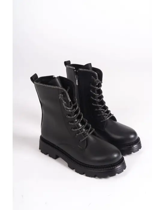 Pamela Bağcıklı Fermuarlı Ortopedik Taban Taşlı Kadın Bot St - Siyah