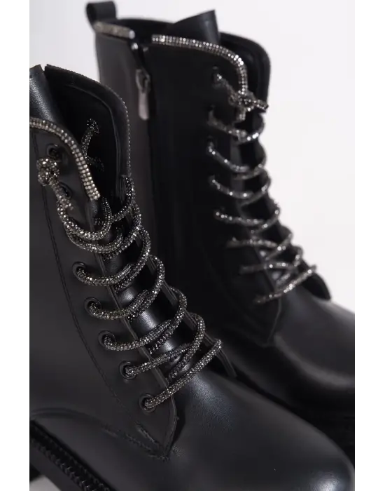 Pamela Bağcıklı Fermuarlı Ortopedik Taban Taşlı Kadın Bot St - Siyah