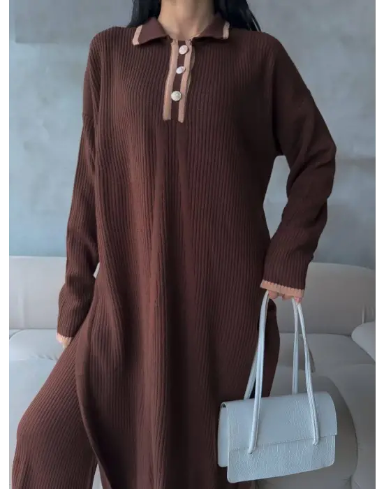 Pantolon Yırtmaçlı Elbise İkili Triko Takım Kahve Elf