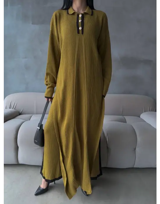 Pantolon Yırtmaçlı Elbise İkili Triko Takım Yeşil Elf