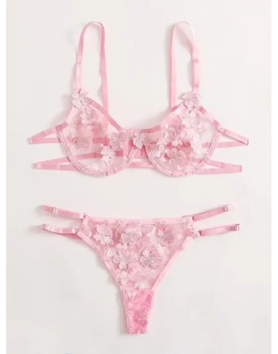 Papatya Işlemeli Sim Nakışlı Pembe Balenli Sütyen Takım