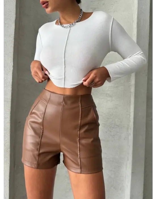 Parçalı Cepli Deri Şort Taba W26312