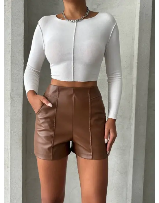 Parçalı Cepli Deri Şort Taba W26312