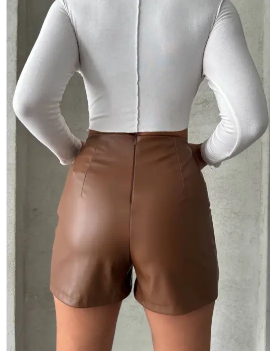 Parçalı Cepli Deri Şort Taba W26312