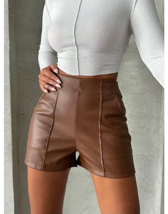 Parçalı Cepli Deri Şort Taba W26312