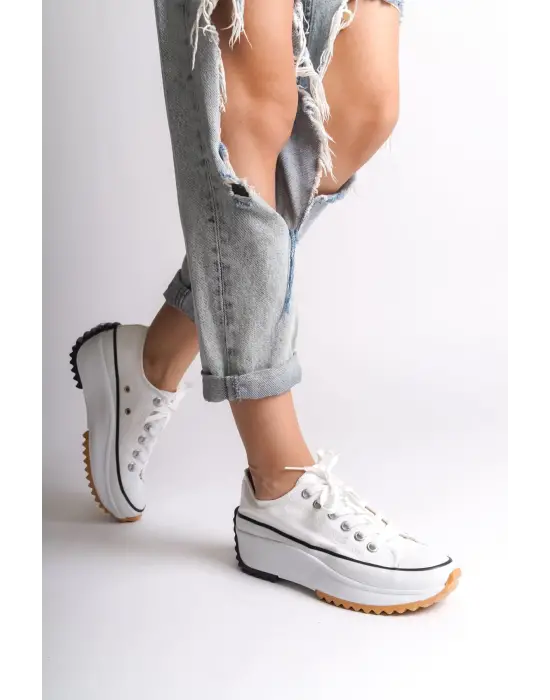 Parıs Bağcıklı Ortopedik Taban Kadın Sneaker Spor Ayakkabı  Bt - Beyaz
