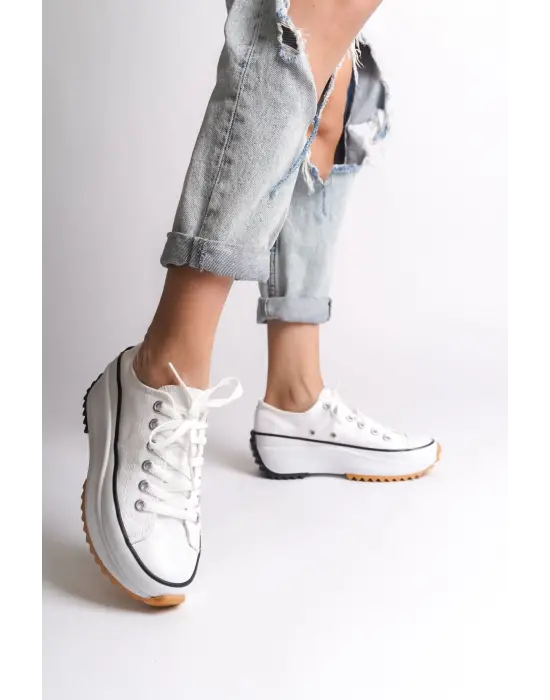 Parıs Bağcıklı Ortopedik Taban Kadın Sneaker Spor Ayakkabı  Bt - Beyaz