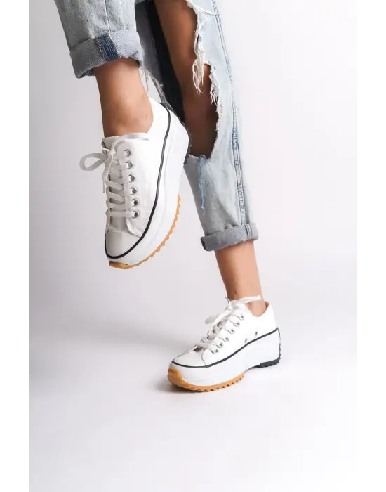 Parıs Bağcıklı Ortopedik Taban Kadın Sneaker Spor Ayakkabı  Bt - Beyaz