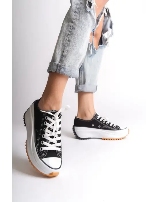 Parıs Bağcıklı Ortopedik Taban Kadın Sneaker Spor Ayakkabı  Bt - Siyah