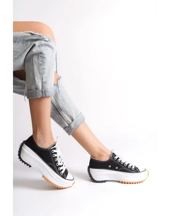 Parıs Bağcıklı Ortopedik Taban Kadın Sneaker Spor Ayakkabı  Bt - Siyah