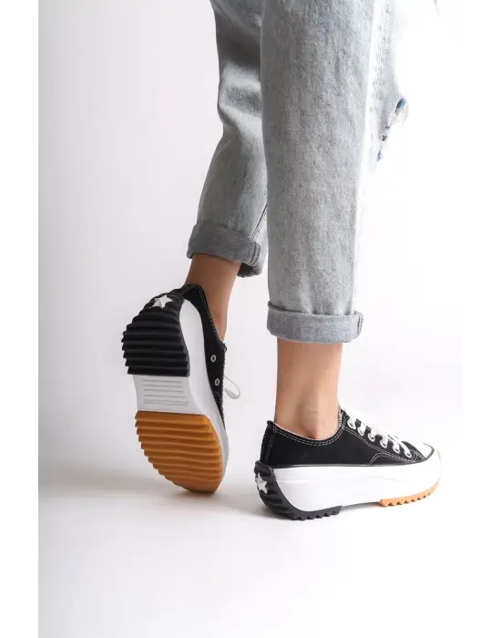 Parıs Bağcıklı Ortopedik Taban Kadın Sneaker Spor Ayakkabı  Bt - Siyah
