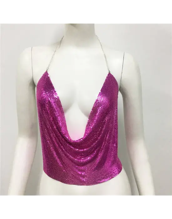 Parlak Fuşya Crop & Bluz Kolsuz Kayık Yaka Zırh Büstiyer