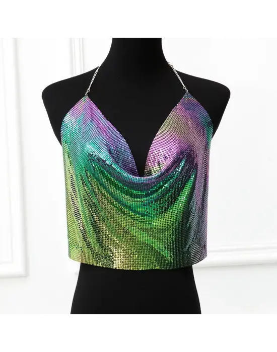 Parlak Gökuşağı Crop & Bluz Kolsuz Kayık Yaka Zırh Büstiyer