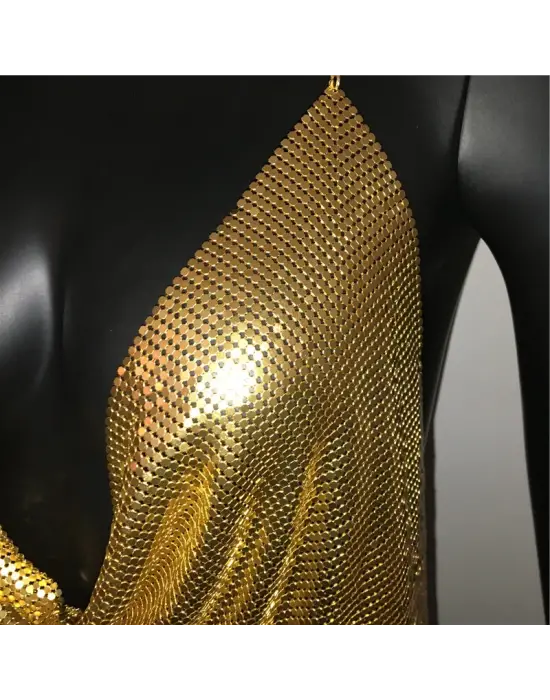 Parlak Gold Crop & Bluz Kolsuz Kayık Yaka Zırh Büstiyer