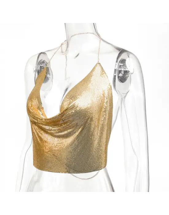 Parlak Gold Crop & Bluz Kolsuz Kayık Yaka Zırh Büstiyer