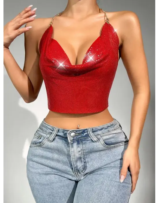 Parlak Kırmızı Crop & Bluz Kolsuz Kayık Yaka Zırh Büstiyer