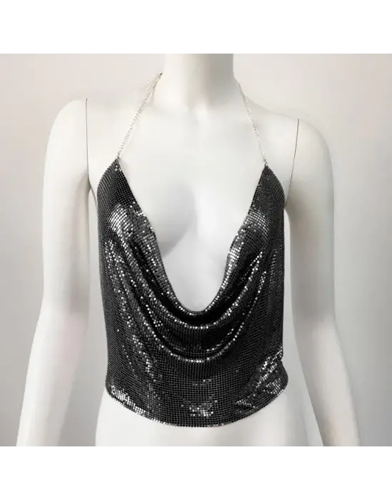 Parlak Siyah Crop & Bluz Kolsuz Kayık Yaka Zırh Büstiyer