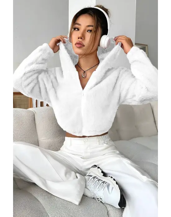 Peluş Ceket Kapşonlu Beyaz