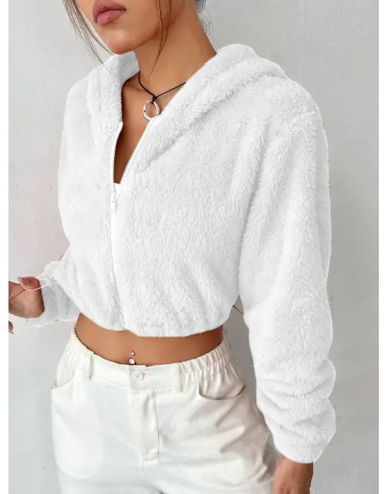 Peluş Ceket Kapşonlu Beyaz