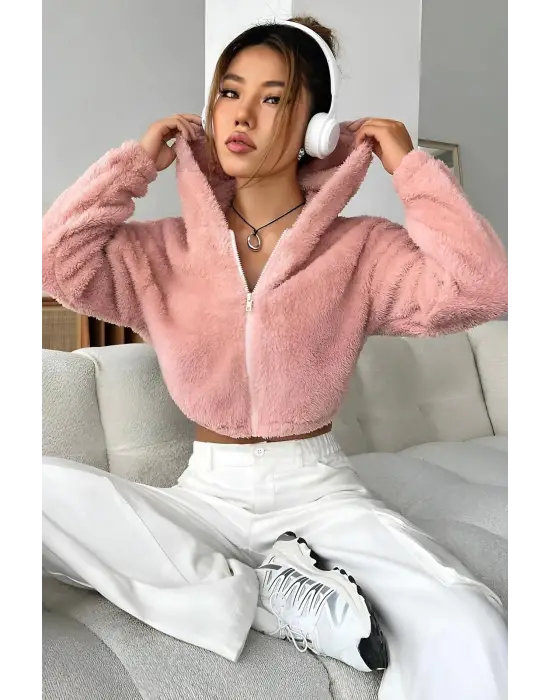 Peluş Ceket Kapşonlu Pudra